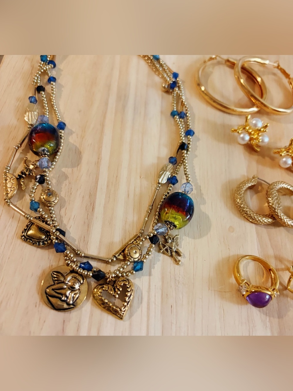 Gold-Tone Multi-Strand Necklace with Blue Accents and Multi-Color Glass